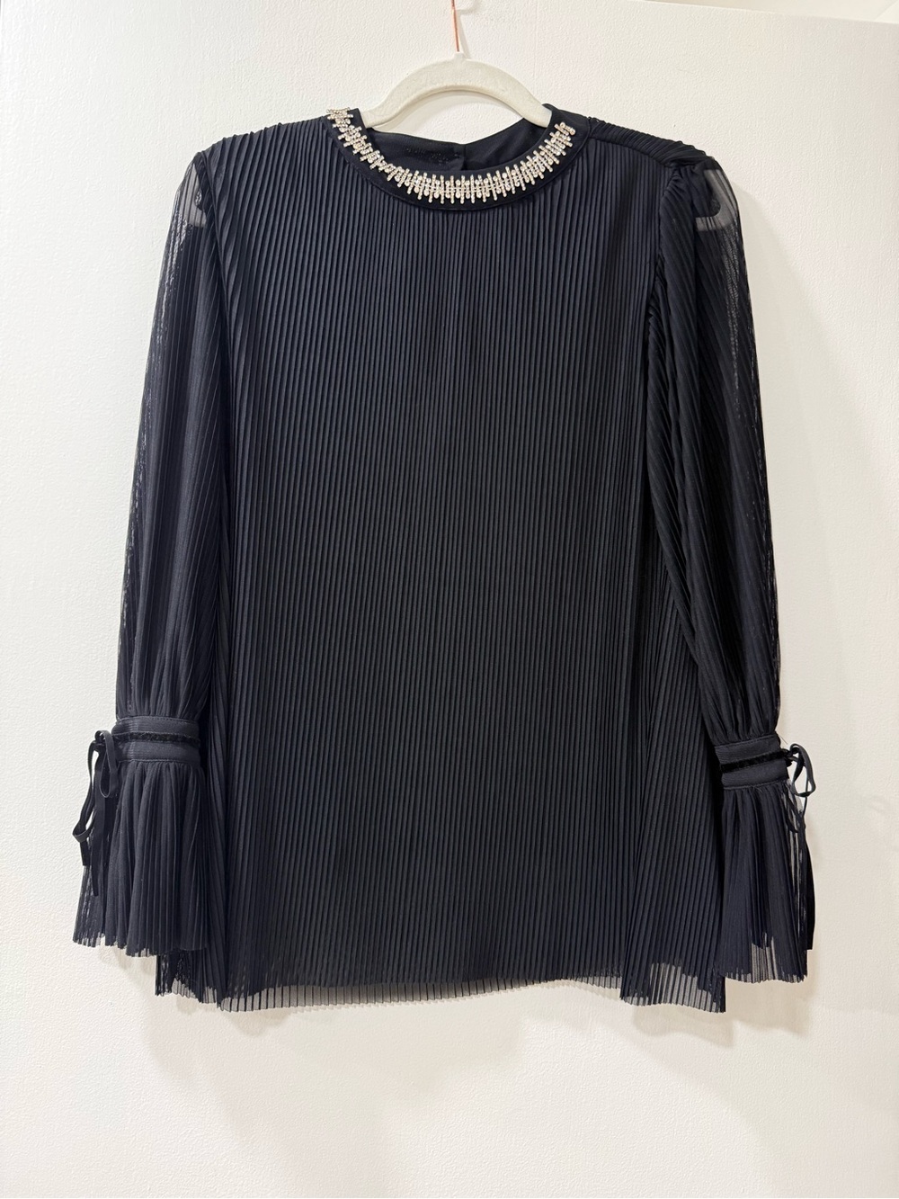 Alfani Black Pleated Long-Sleeve Blouse with Jeweled Collar